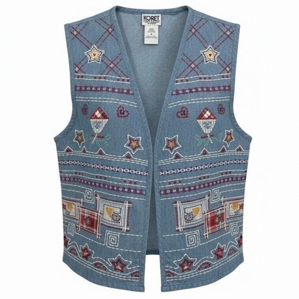 Koret City Blues‎ Vest Womens S Blue Embroidered Vintage Cottagecore Open Front